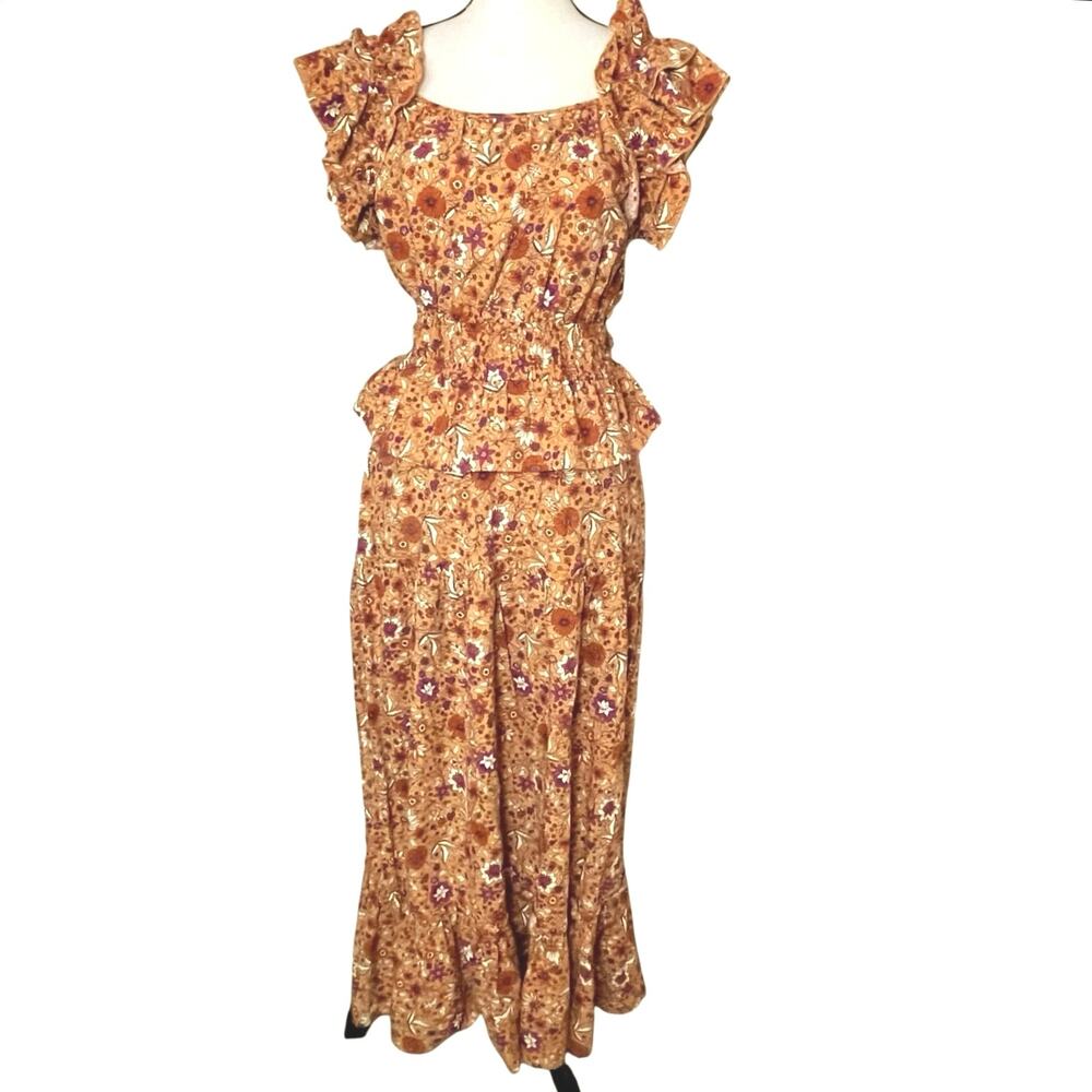 Luna Moon Floral 2-Piece Set Smocked Peplum Top Tiered Maxi Skirt Size M Boho